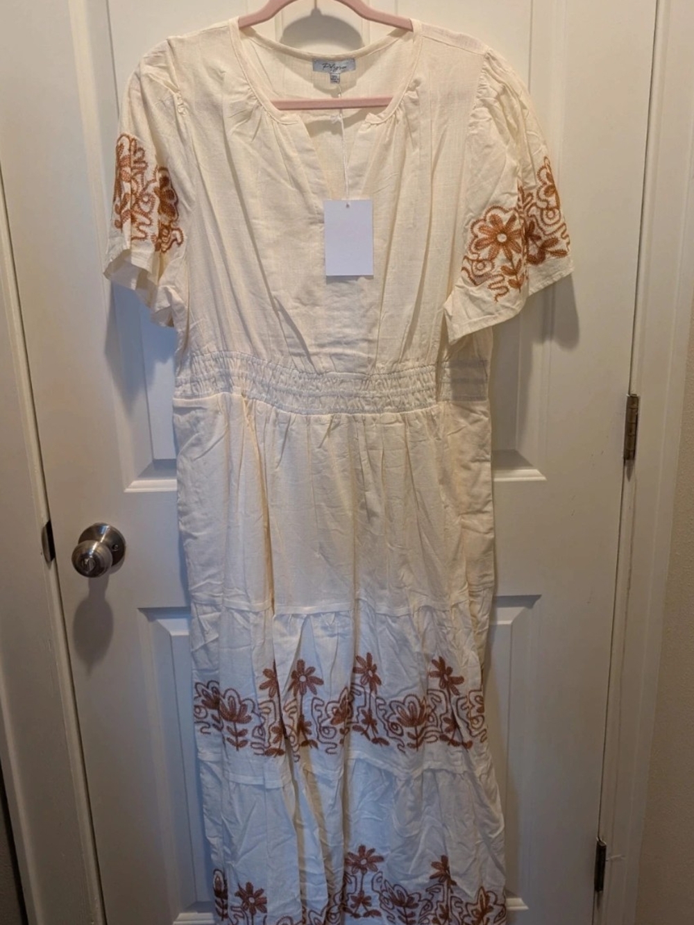 Polagram Bohemian Embroidered Ivory Maxi Dress with Rust Floral Accents